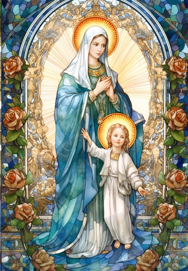 A sharp photograph of an expensive portrait, pay particular attention to the shape of your hands, less watercolor stained glass Madonna and child with matching crowns full body clipart, the Madonna is wearing a medium aquamarine blue mantle with bright white stars on it and the child is wearing a bright white robe, behind them is shimmering bright light, around many blue roses, highly detailed, white background, in the style of Catholic religious art, artist Andrea Lezcano, Vincent Van Gogh, in 
