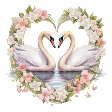 With their graceful necks and elegant forms, a pair of swans swim in a tranquil pond surrounded by blooming Spring flowers, ,clipart, on a white background.