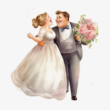watercolor, drawing, illustration of the bride and groom, the bride is a little fat ( a little overweight 180 pounds ), the bride has a short haircut, laughing, wedding dance, holding a bouquet, flowers, clipart, high resolution image, detailed image, photorealistic, 3D, 4K