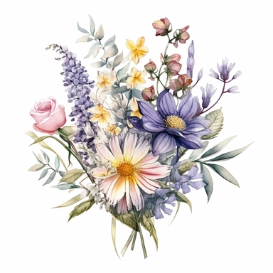 Watercolour illustration, curling and ornate professional illustration, wildflower bouquet, clipart, white background, pastel palette, washed out colour, pale colours, naturecore, bloomcore