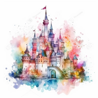 Whimsical watercolor fairytale castle clipart, singular dreamy landscape, pastel colors, magical kingdom, isolated on white background, in the style of leonid afremov