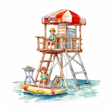 watercolor beach lifeguard on highchair with binocolurs in hand looking in the ocean , illustrations clipart set, simple, , cartoon elements ,different variants , separate elements with a margin, wooden and plastic elements elemets, helicopter, lifesaver boat, jetski ,4k, high resolution