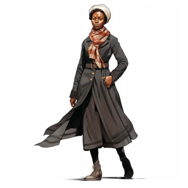 full profile arms and legs of Harriet Tubman WITH short silk scarf around neck, BLACK DRESS, usa black woman in skirt and jacket suit, American history, clipart