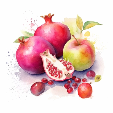 A charming watercolor clipart illustration showcasing the Malay Apple, Rose Apple, and Bell Fruit, rendered with delicate brushstrokes and vibrant pigments, each fruit beautifully depicted with its unique shape, texture, and coloration, arranged artfully on a clean white background. In addition, a glass filled with their deliciously refreshing juice is featured, capturing the fruits' essence and inviting the viewer to savor their flavors. The artwork radiates a sense of freshness and vitality, c