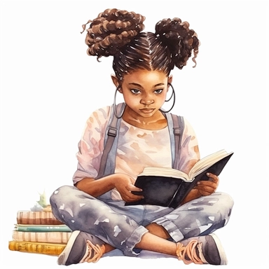 Watercolour Black Girl Reading Clipart, braids, reading in a fort, Girl Studying Clipart, Book Lover , Student Clipart, Reading Png,Bookworm, hd, white background, spaced out, pastel colors, cartoon realism details--ar 3:2