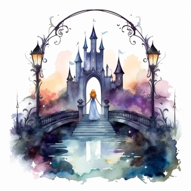 light watercolor wild castle and beauty girl in the moonlight in beautiful forest with bridges, roses, flowers,and lights realistic clipart on white background