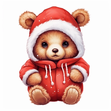cute Baby teddy bear in red christmas Santa suit clothes, clipart, no words