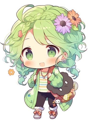 cute anime chibi girl, chic style, green hair, upbeat attitude, clipart, no background