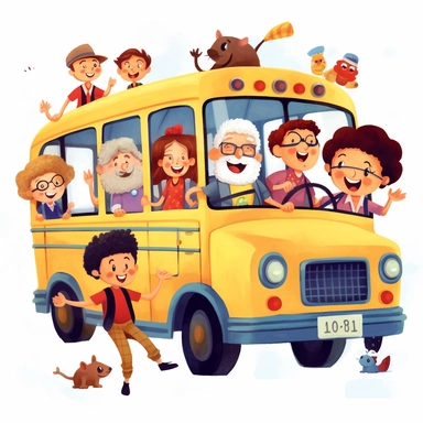 2D CUTE CLIPART OF OLDR GREYING MALE BUS DRIVER HAPPILY DRIVING HAPPY CHILDREN TO SCHOOL, WHITE BACKGROUND