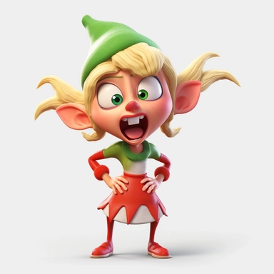 clipart of a crazy blonde female christmas elf, there is a funny face on it, cartoon, for kids, funny, pixar, 8k, white background, sharp focus, detailed,