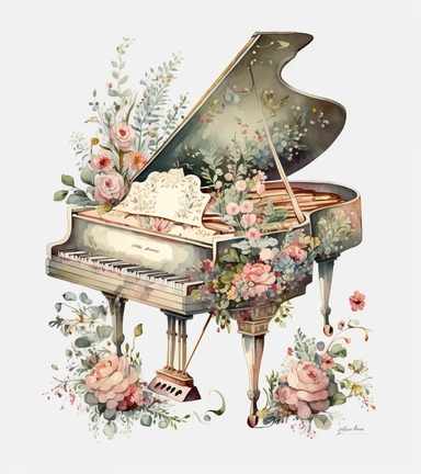 watercolor grand piano decorated with florals screenshot,clipart, super detailed, in the style of watercolor illustrations, intricate patterns and details, natural pastel colors on solid white background , no shadow, oil paintings, nightcore, decorative artistry, on white background, spaced out