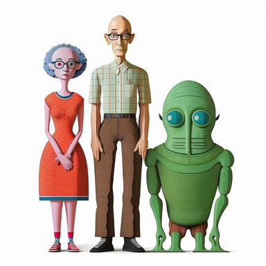 Boho style illustration, clipart, sublimation drawing Alien standing next to American Gothic characters by American artist Grant Wood Vibrant colorful colors on white empty background, 8k high quality, high quality detail