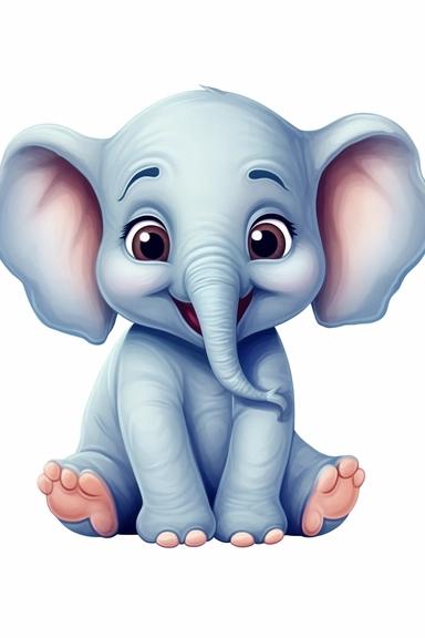 2D animation, illustration of happy exicited baby elephant clipart, simple colors plain white background