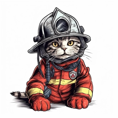 clipart comicbook fine-line art, a cat as a firefighter