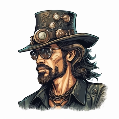 clipart style, artistic vector border, steampunk, close up, man with a goatee breaded at the chin, scar across his right eye, long dark hair, wearing a cowboy hat with steampunk gears and steam, realism