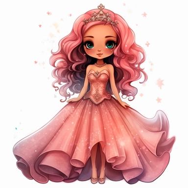A cute detailed black girl in chibi style, Jasmine Becket - Griffith style, watercolour illustration clipart with real glitter detail, wearing a beautiful pink full length ballgown style dress, the girl has long red hair, the girl has blue eyes, full body image, with feet isolated on a white background,