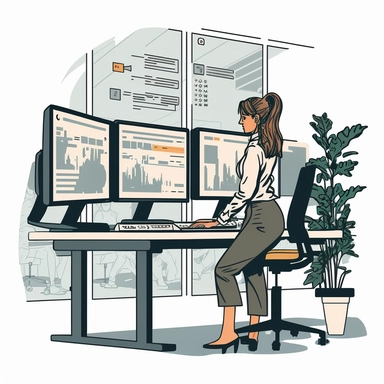 clipart of a woman working at a standing desk looking at a computer screen in an business casual open office plan. The screen is showing some forms. Around her are people sitting at their own desks answering phones
