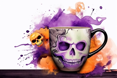 halloween coffee mug, purple, black green, orange, watercolor clipart
