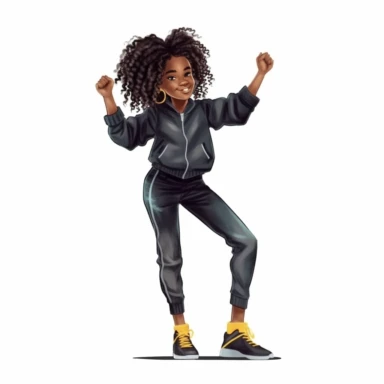 Cool cute black kid dancer, cool dancing clothes, female black girl, watercolor style, clipart solid white background