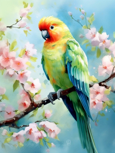 A cute happy parrot sitting proudly on a spring branch, looking off into the camera, with a few spring blossoms and leaves framing the scene, vivid colors, watercolor by Thomas W. Shaller, clipart, solid background, 8k