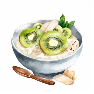watercolor clipart of bowl with kiwi porridge with oatmeal and milk, presented in a flatlay style with a top-side view on a clean white background. bowl should be filled with a visually appealing arrangement of one ingredient, showcasing their vibrant colors and textures. The watercolor style should bring out the essence of each ingredient while retaining a harmonious overall composition. The clean white background should provide a pristine backdrop, enhancing the visibility and focus on the bow