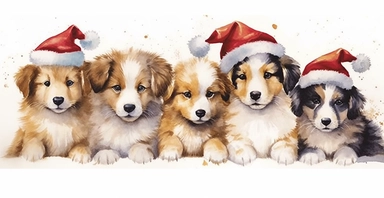 Adorable happy golden collie puppies in a line, dressed in cute christmas outfits, playful, vivid colors, white background, ornamental watercolor clipart, I can't believe how beautiful this is