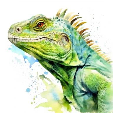 Green iguana, watercolor, sharp illustration clipart, insane detail, white background