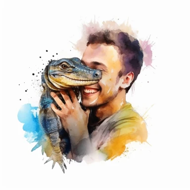 Adorable pet Monitor Lizard having happy moment with it's human owner, water color style, clipart, white background