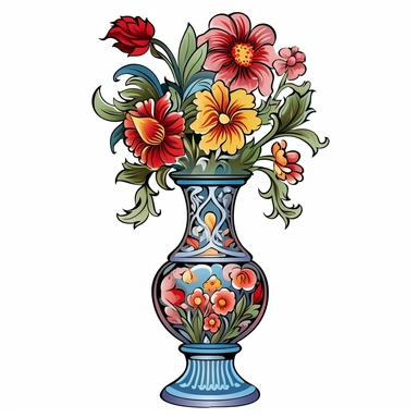 Clipart : Imagine a tall, elegant vase with a slender neck and a slightly flared base. The neck should be gracefully curved, while the base can have intricate patterns or motifs. Add subtle decorative elements to the vase, such as embossed textures, delicate engravings. These could be floral patterns. Picture a lush bouquet of colorful flowers arranged within the vase. Choose a variety of flowers with different shapes and sizes to create an interesting composition. Include flowers like roses, da