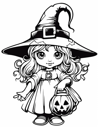 clipart cartoon witch in the style of Pierre-Auguste Renior black and white child's coloring book, black and white smooth thick lines, solid white background, no background