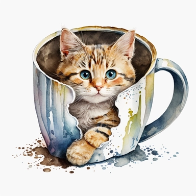 watercolor cute cat inside a mug clipart, white background,
