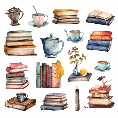 World book day hand drawn watercolor clipart set. Library books collection