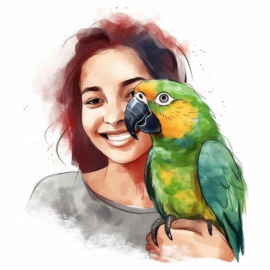 Adorable pet Amazon Parrot having happy moment with it's human owner, water color style, clipart, white background