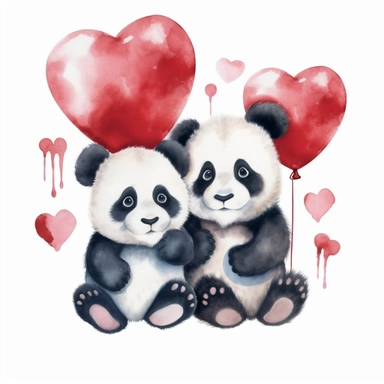 Clipart watercolor, white background: Two cute laughing baby pandas sitting side by side, holding a heart-shaped balloons, detailed, white background