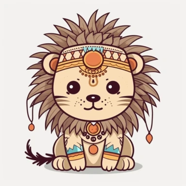 cute lion indian chief, kawaii style, vecotr clipart, black outline