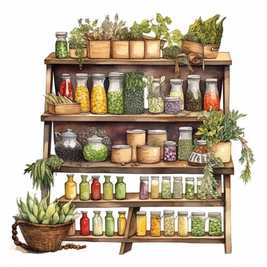watercolor detailed illustration of A stand with assorted herbs and spices in a grocery store, clipart, white background