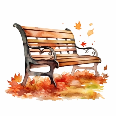 Design a clip art image in a watercolor style showcasing the beauty of autumn, with richly textured leaves in shades of red, orange, and gold, and a rustic wooden bench adorned with subtle watercolor washes. Ensure that the image format is PNG and there is a transparent background style by Lucy Fleming, watercolor, smooth gradients, black contour outline, ultra detailed, clipart elements, delicate pastel colors, solid white background, super clear, high quality