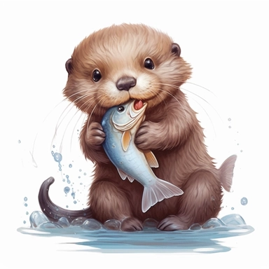 cute realistic baby otter eating a fish Clipart ,Cartoon,hyper realistic, intricate detail, illustration style,high solution,on the white background