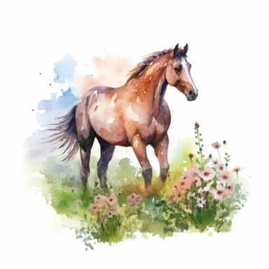 detailed watercolor clipart, photography style, beautiful horse, in a meadow, full body, spring floral,self shadow, white background