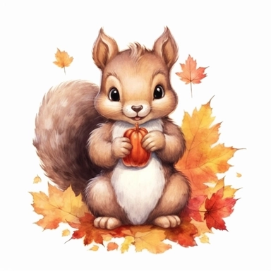 adorable clip art of a squirrel holding an acorn, surrounded by autumn leaves, white background, hd,