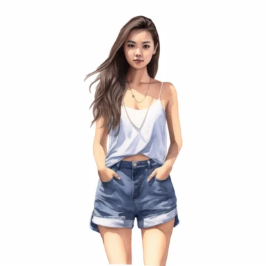 Solid white background, Detailed watercolor asian woman wearing a jeans hot pants and a tank top clipart