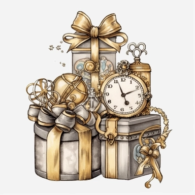 Steampunk Birthday Gift Box Clipart, gold, silver and pearl colors , Steampunk, watercolor, sweet, happy, high resolution, transparent white background no captions