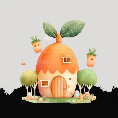 , a cute carrot house illustration clipart, minimal, watercolor style, orange pastel, on white background, by connieartwork, 8k, high resolution