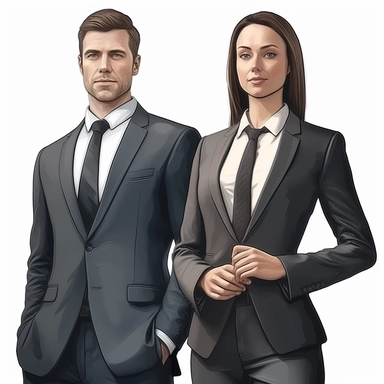 clipart man and woman with suits, business worker, Clipart professionell, unique Design, hyperrealistic clipart, littel Smile