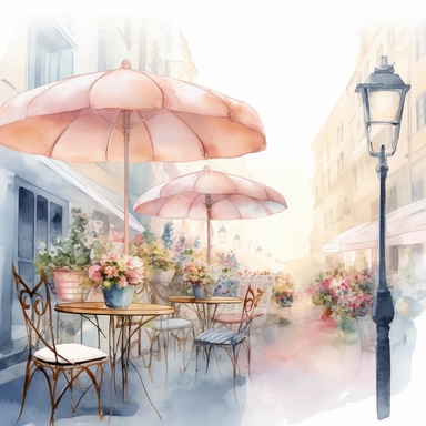dreamy realistic watercolor cute city corner brunch spot, outdoor tables with umbrellas, during the summer at restaurant in the city with floral arrangement, during golden hour, bright and light pink, pale peach, fade to blue boho style, muted color palette, white background, isolated on white, 8k, high detailed