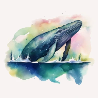 humpback whale in the northern lights landscape, watercolor clipart, 32k