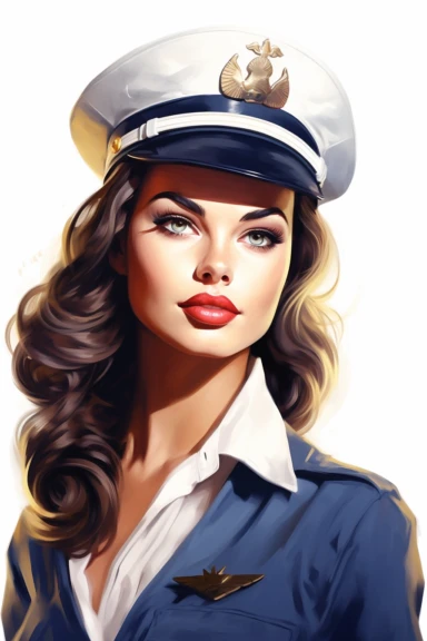 beautiful pretty pin up woman, makeup and hair vintage 50's style, dressed as pilot, paint art style, detail, clipart, white background, superrealistic, one of a kind