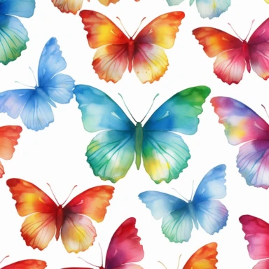 Seamless pattern, butterfly clipart, multi color with multi metallic overlays,clean crisp watercolor, white background — tile