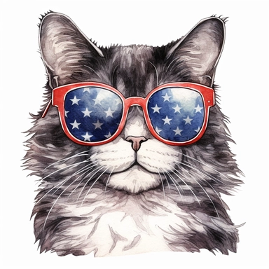 4th of july black and white cat in sunglasses, beautiful, realistic, colored pencil and watercolor, white background, clipart, illustration, comic, magic