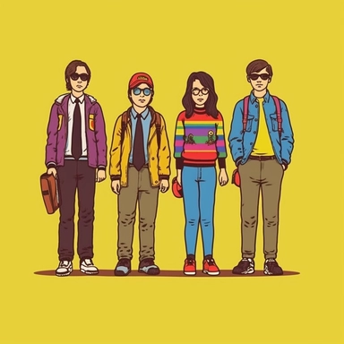 a set of clipart inspired by The Strokes at a Swiss boarding school as conceived by Wes Anderson and rich kids at an exclusive school and Funko Pop toys and 1980s action figures